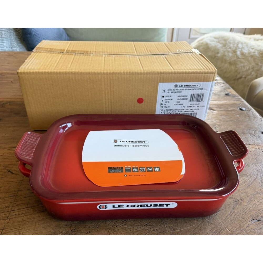 Le Creuset Stoneware Rectangular Dish w/ Platter Lid 3 qt Cerise Cherry Red NEW